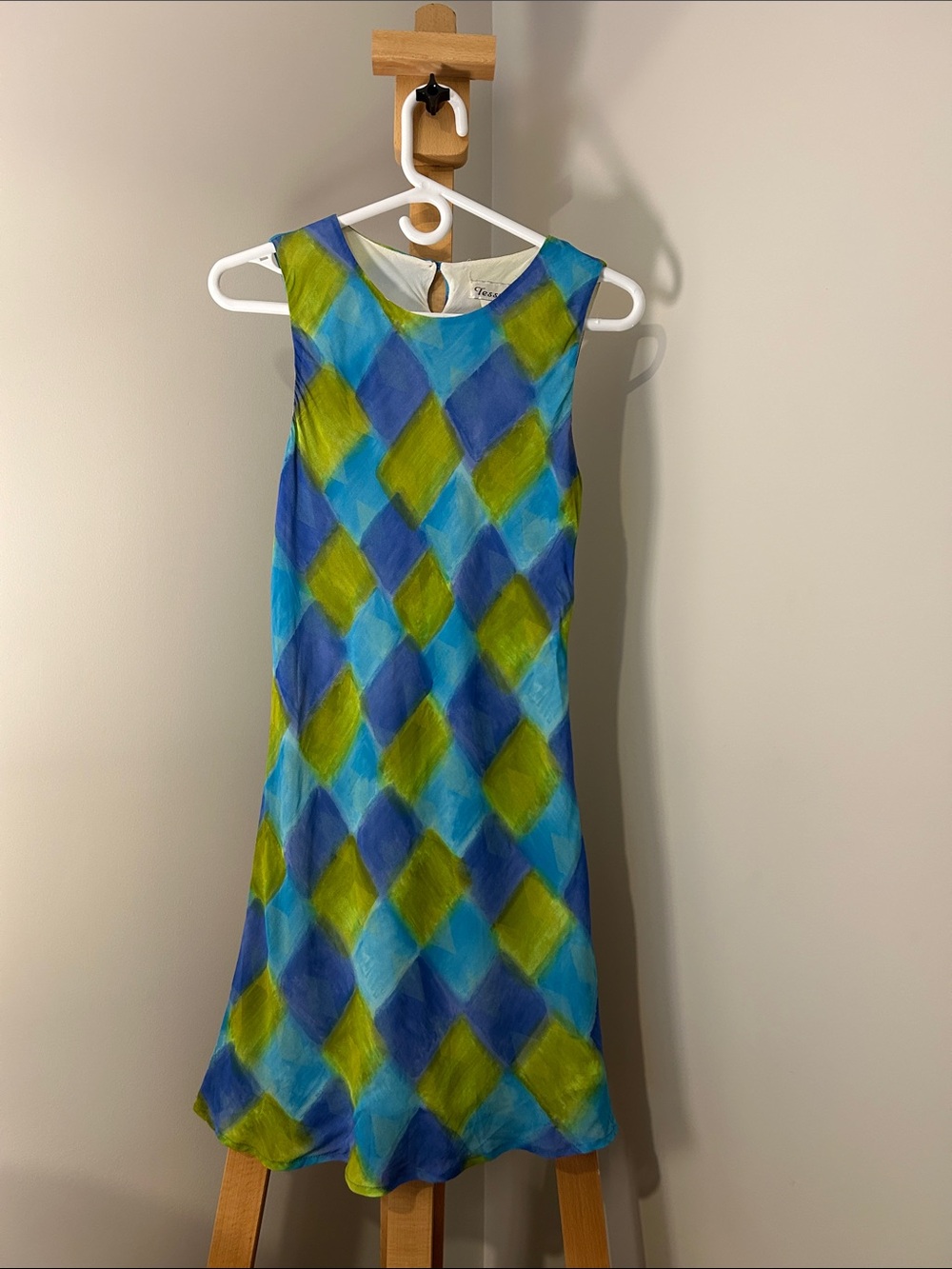 VINTAGE | Tessuto | Sleeveless Diamond-Print Dress in Blue & Green | Size S